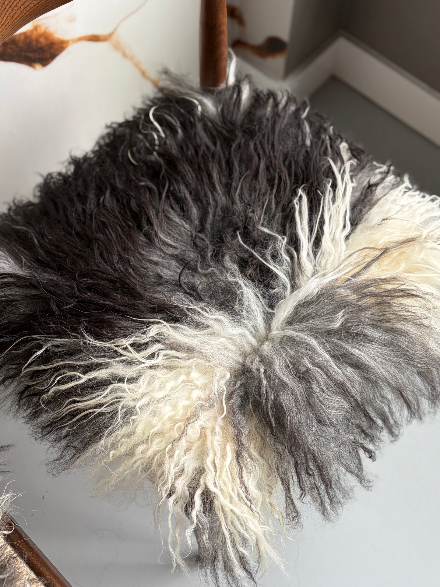 ONE OF A KIND Matching Pair of Black/White Curly Icelandic Sheepskin chair pads