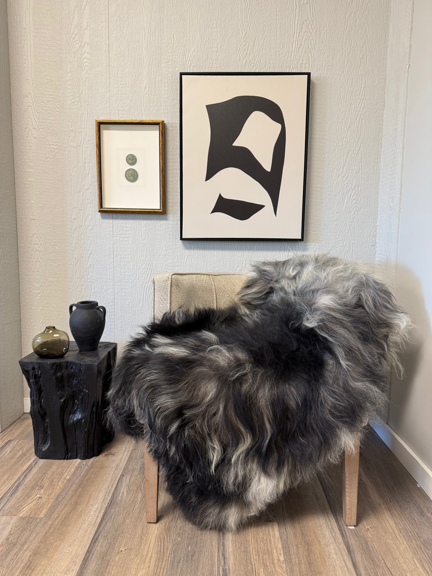 ONE OF A KIND XL Long Wool Icelandic Sheepskin in Black/White/Grey