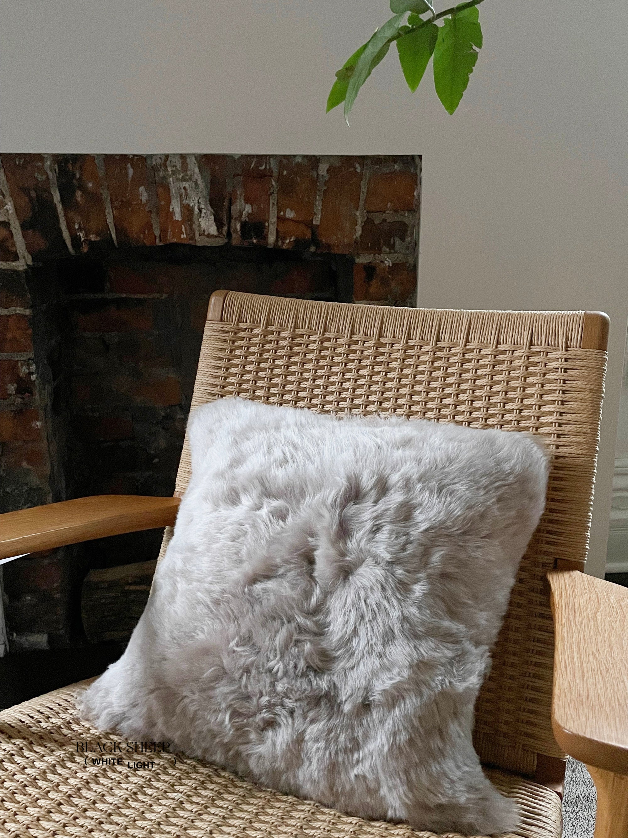Square Shorn Linen Icelandic Sheepskin Pillow Cover - Black Sheep (White Light)