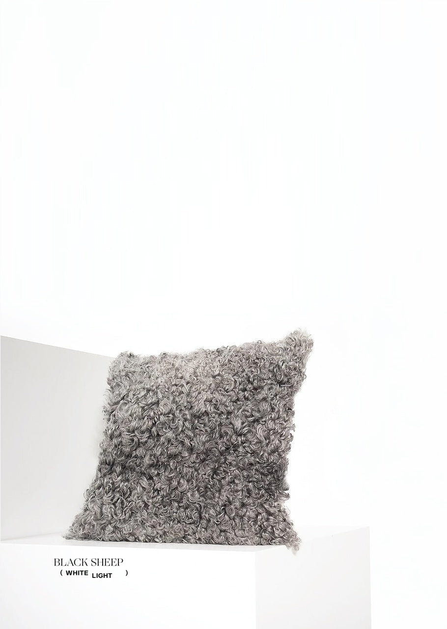 Square Grey Gotland Sheepskin Pillow Cover - Black Sheep (White Light)